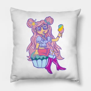 Kawaii Chibi Pastel Girl Sitting On Cupcake Eating Ice Cream Pillow