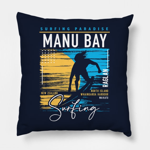 Retro Manu Bay Raglan Surfing // Surfers Paradise // Surf New Zealand Pillow by SLAG_Creative