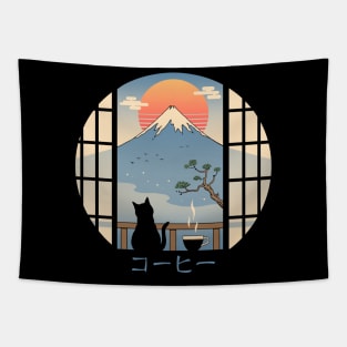 Coffee Cat in Mt. Fuji Tapestry