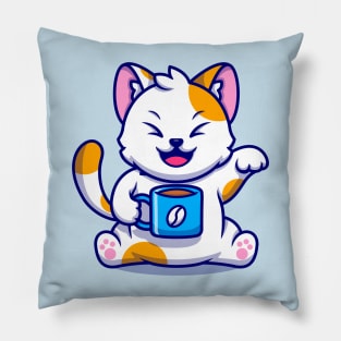 Cute Cat With Coffee Cup Cartoon Pillow