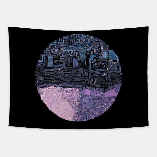 the dark city in genius loci ecopop pattern ecosystem art Tapestry by jorge_lebeau