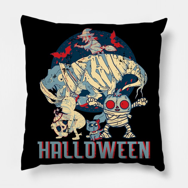 Retro Dinosaur Mummy Pumpkin Cat Witch Halloween Crew Party Pillow by alcoshirts