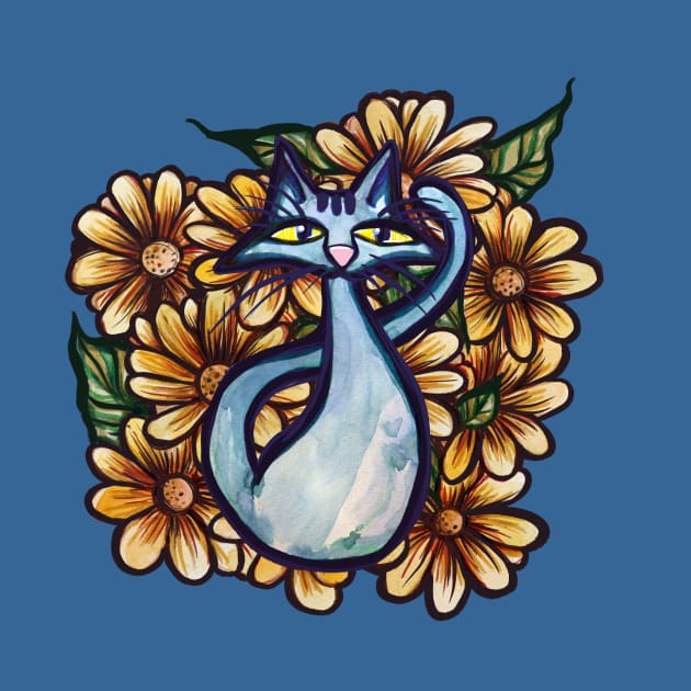 Blue Cat Feline Amongst Flowers by bubbsnugg