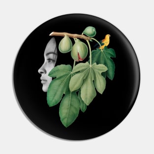 Surreal Collage Art with a girl, fig, bird and plants Pin