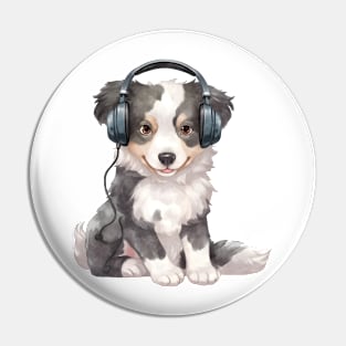 Watercolor Border Collie Dog with Headphones Pin