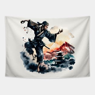 Fighting japanese ninja watercolor design Tapestry