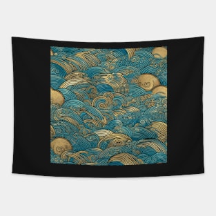 Japanese Gold and Teal Waves Tapestry