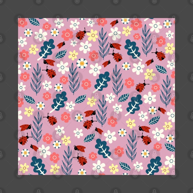 Spring meadow in bloom with ladybirds on dark pink background by Arch4Design