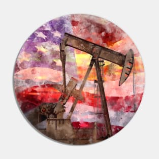 Pumpjack with American Flag silhouette watercolor Pin