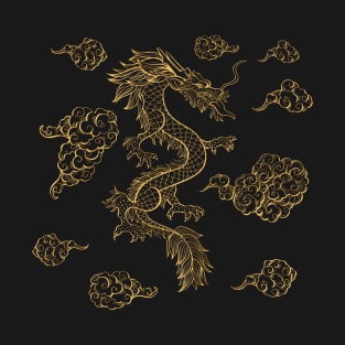 Golden Chinese Dragon Dancing Among the Clouds T-Shirt