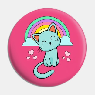 Cute Kitty Cat With Rainbow & Hearts Girls Pin