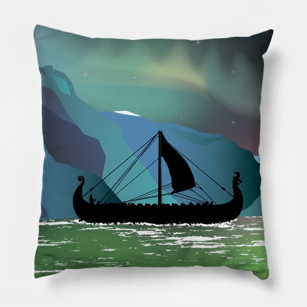 Viking Boat at Norwegian Fjord Pillow by NorseTech