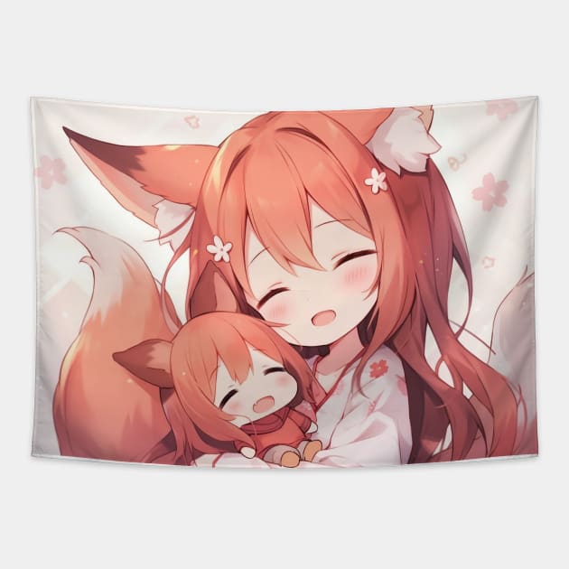 Mom Fox and her kid anime Tapestry by WabiSabi Wonders
