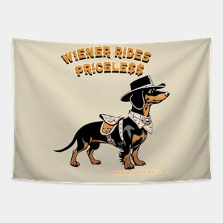 WIENER RIDES PRICELE$$ Black Tan dachshund wearing cowboy hat saddle and scarf Tapestry