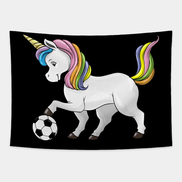 Cute unicorn is playing soccer Tapestry by Markus Schnabel