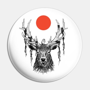 deer in wildlife with cute bird and red moon Pin