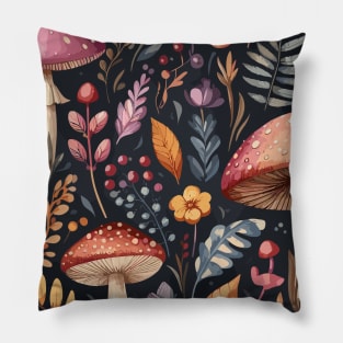 Red Mushroom Orange Flowers Green Leaves Pillow