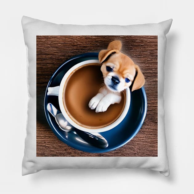 Cute Puppy Dog And Coffee Puppuccino Pillow by ShopSunday