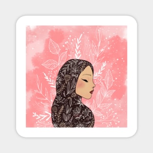 Floral hijabi girl and pink clouds Magnet