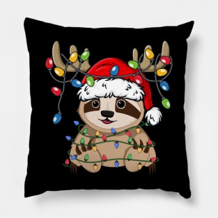 Cute Sloth With Santa Hat Reindeer Antlers Christmas Lights Pillow