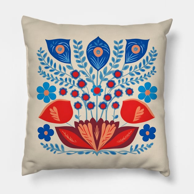 Blue and red floral scandinavian folk art Pillow by craftydesigns