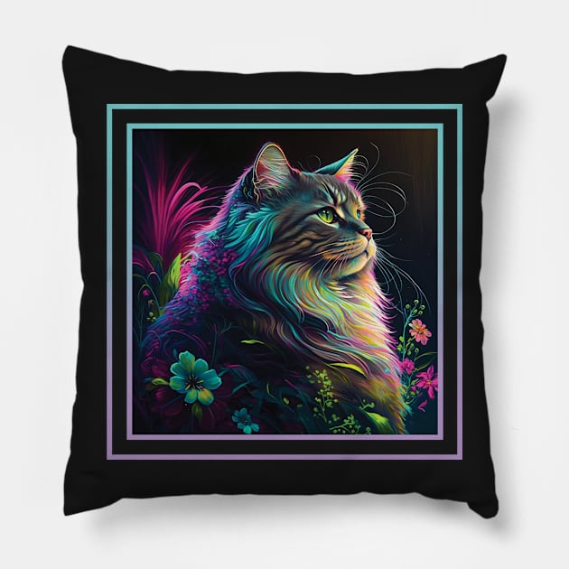 Majestic Maine Coon Cat Vibrant Tropical Flower Digital Oil Painting Pet Portrait Pillow by ArtHouseFlunky