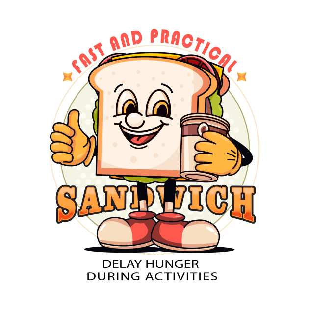 Sandwich, the cartoon sandwich mascot holding a coffee cup by Vyndesign