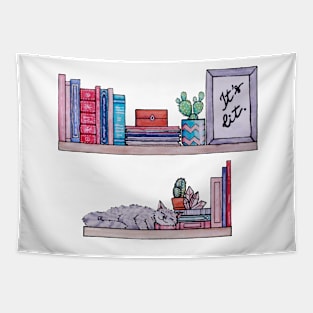 Watercolor Library Lovers Bookshelf with cat books It's lit Tapestry