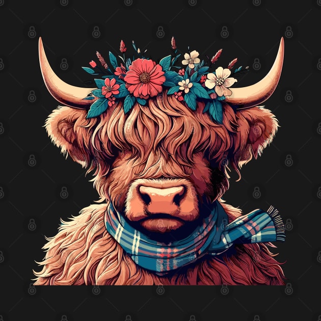 Funny scottish highland cow with flower crown by TomFrontierArt