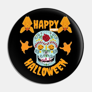 Happy Spooky Halloween Pumpkin Eyes Skeleton Bats & Ghosts Pin