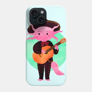 Axolotl with mariachi costume playing the guitar, Digital Art illustration Phone Case