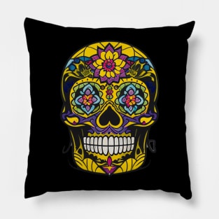 Regal Splendor: Colorful Purple and Gold Sugar Skull Art Pillow