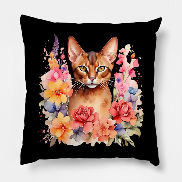 An abyssinian cat decorated with beautiful watercolor flowers Pillow by CreativeSparkzz