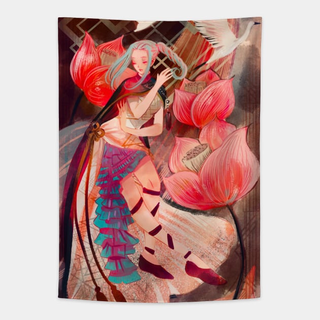 Gaia camellia crane Manga Japanese style Tapestry by meisanmui