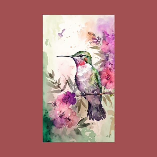 Hummingbird Floral Watercolor Pink Purple Paint Flowers by Kertz TheLegend