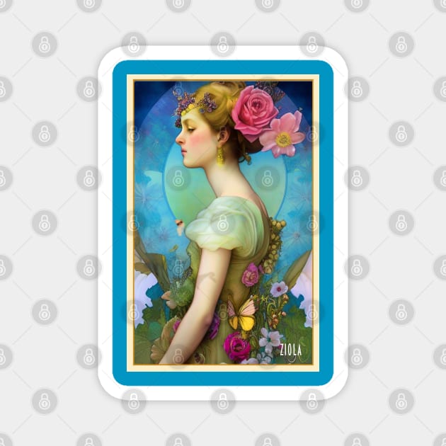 Pretty Flower Girl - Art Deco painting of girl with flowers and roses - A modern art or Art Nouveau style painting of a women or magical pagan girl Magnet by ZiolaRosa