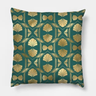 Teal and Gold Vintage Art Deco Scallop Shell Pattern Pillow