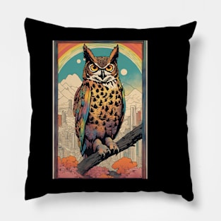 City Skyline of Cute Great Horned Owl Pillow