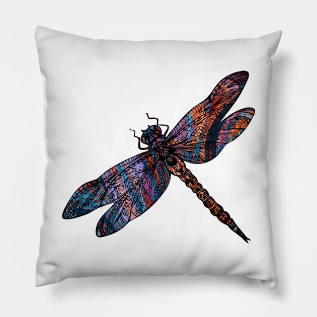 Ornate Dragon Fly Colorful Insect Illustration Pillow by VintCam