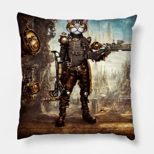 Steampunk Pirate Cat With Fantasy Rifle Pillow