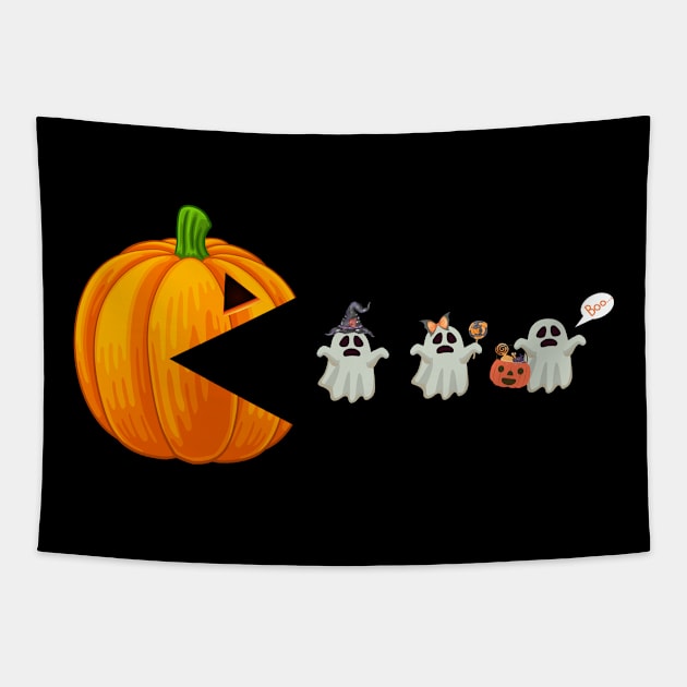 Funny Halloween Pumpkin Eating Ghost, Gamer Men Women Kids Shirt Tapestry by WoowyStore