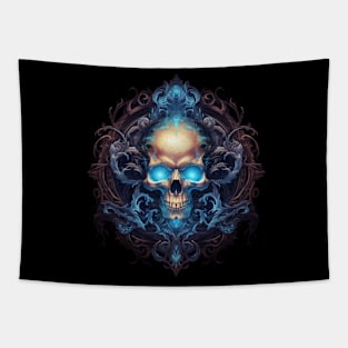 Skull on Blue Fire: Baroque Vintage Ornament Background Tapestry