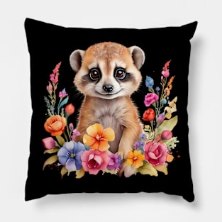 A meerkat decorated with beautiful watercolor flowers Pillow