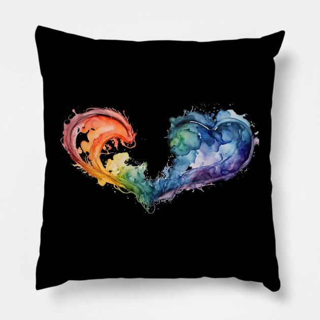 Watercolor Splatter Rainbow Hearts Pillow by Luxinda