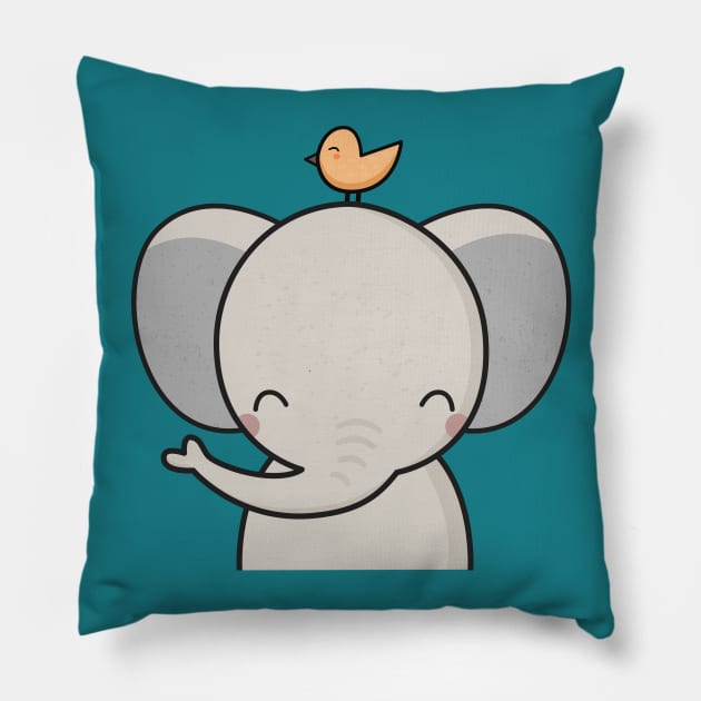 Kawaii Cute Elephant and Bird Pillow by wordsberry