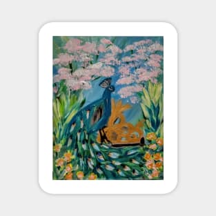 A peacock sitting on a gate in n a garden with flowers and cherry blossoms around it . Magnet