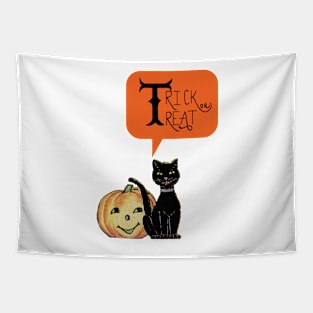 Halloween Black Cat with Pumpkin saying Trick or Treat Tapestry