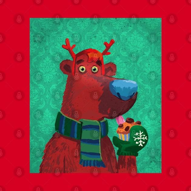 Portrait of a bear with Christmas reindeer antlers and a muffin in hand by duxpavlic