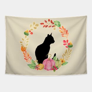 Fall Harvest Wreath with Black Cat Silhouette Tapestry