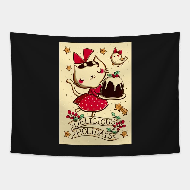 Cat with Christmas Pudding Tapestry by monikasuska
